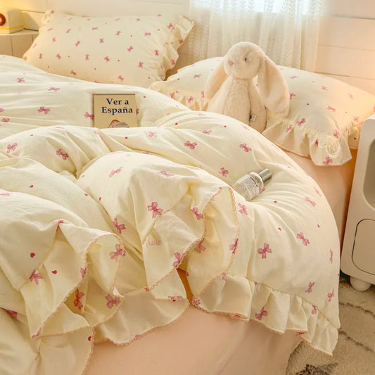 Coquette INS Princess Style Ruffle Lace Bow Bedding Set