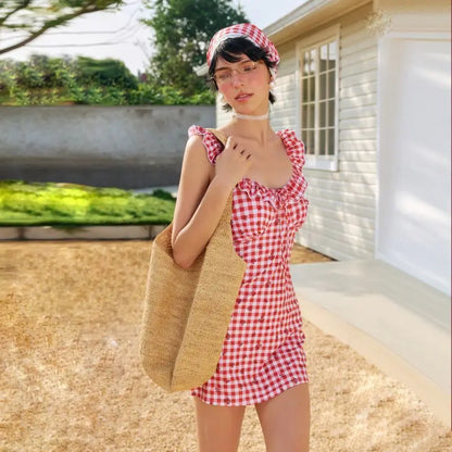 Sweet Plaid 3-Piece Swimsuit Set with Ruffle Trim