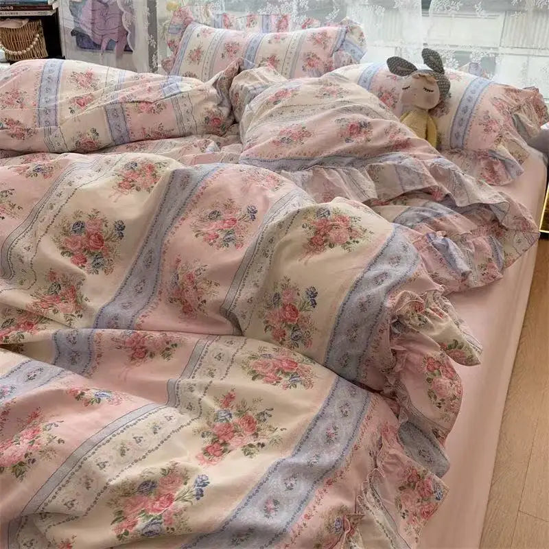 Coquette Vintage Floral Princess Ruffle Lace Bedding Set