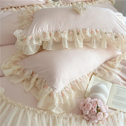 Coquette Dreamy Princess Lace Floral Embroidery Bedding Set