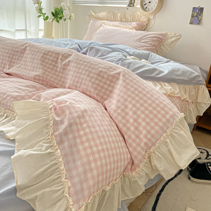 Cute Coquette Ruffled Pink & Gingham Bedding Set