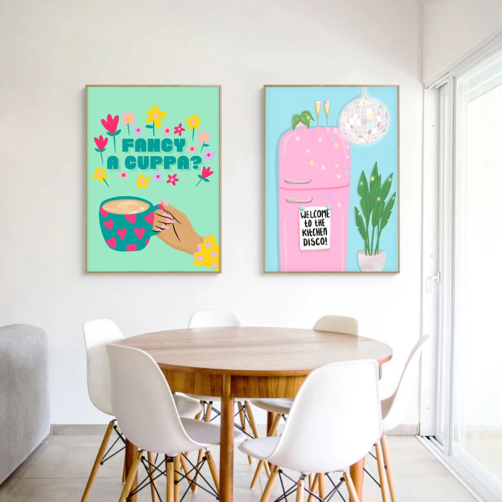 Pink Coffee Cup Abstract Cartoon Art Canvas Print