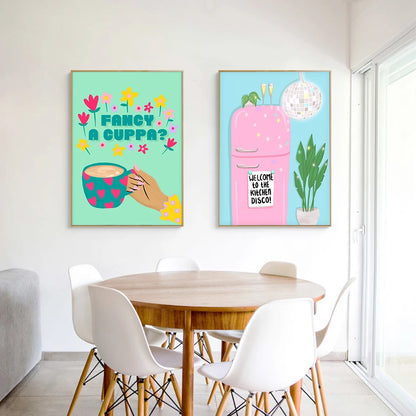 Pink Coffee Cup Abstract Cartoon Art Canvas Print