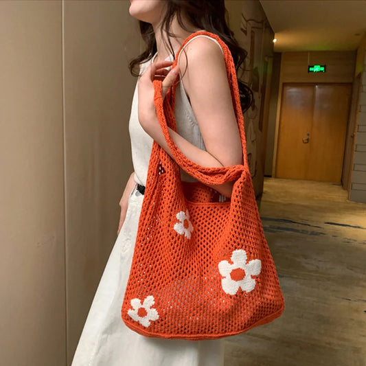 Sweet Flower Knitted Tote Bag