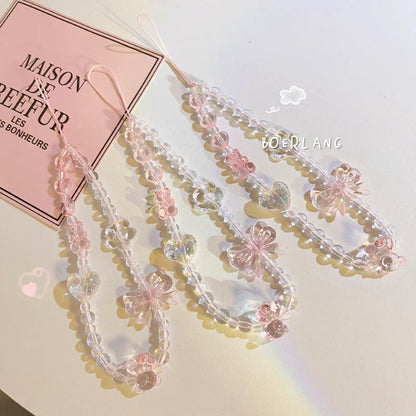 Coquette Pink Floral Charm Beaded Phone Strap Set