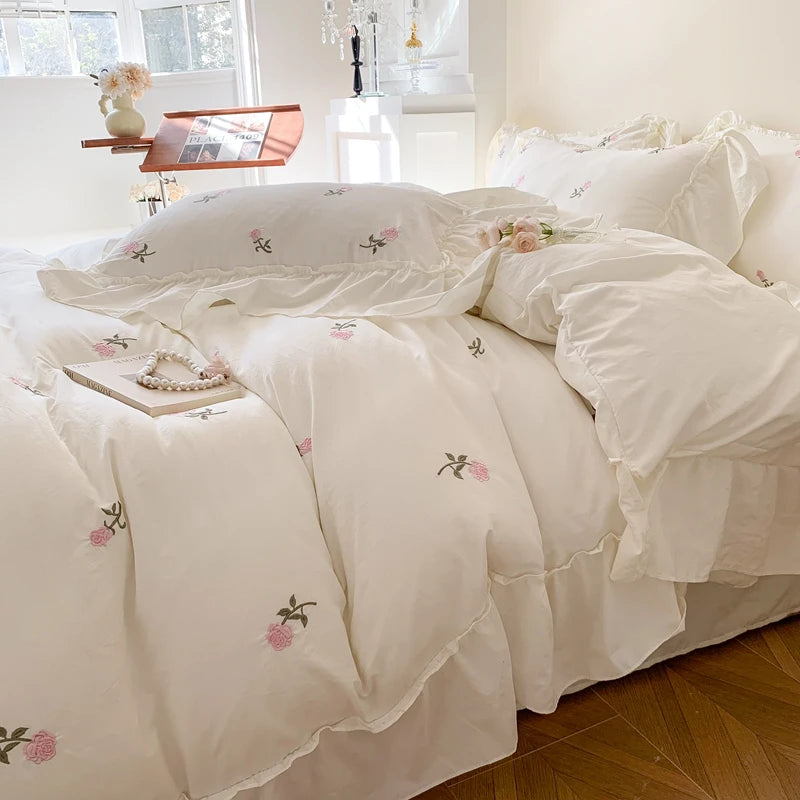 Coquette Twinkle Rose Embroidered Lace Bedding Set