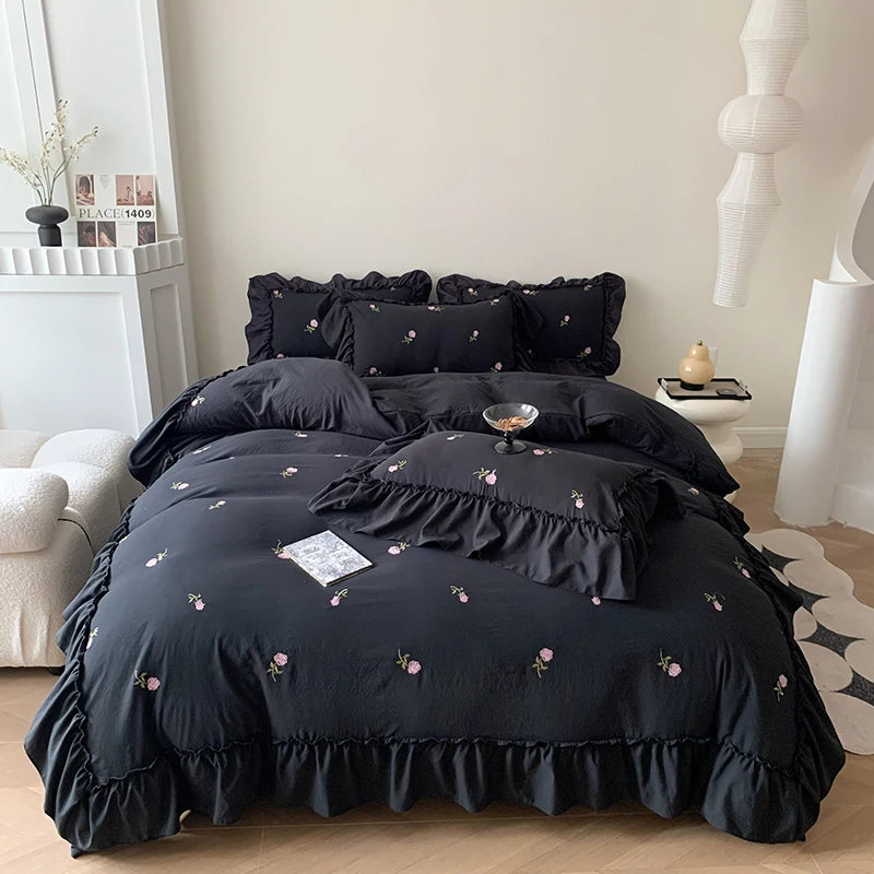 Coquette Twinkle Rose Embroidered Lace Bedding Set
