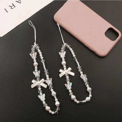 Coquette Cute Crystal Bowknot Pearl Beaded Phone Strap