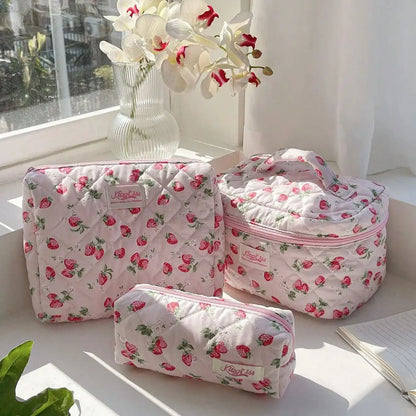 Coquette Pink Strawberry Quilted Makeup Bag