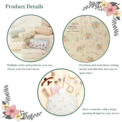 Cute Quilted Cotton Makeup Bag - Portable Zipper Cosmetic Organizer for Women and Girls