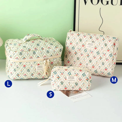 Cute Quilted Cotton Makeup Bag - Portable Zipper Cosmetic Organizer for Women and Girls