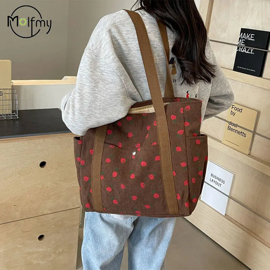 Sweet Strawberries Corduroy Handbag – Fashionable Women's Tote