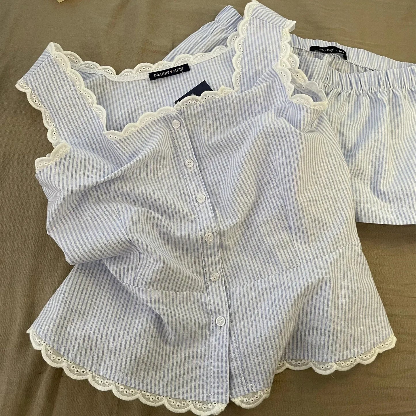 Striped Women’s Sleeveless Pajama Set with Lace Trim Summer Homewear