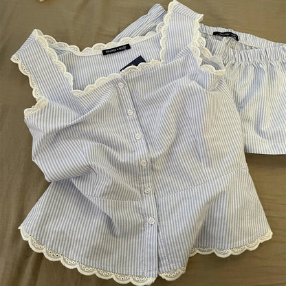 Striped Women’s Sleeveless Pajama Set with Lace Trim Summer Homewear