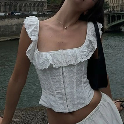 Belle Fleur White Ruffle Corset Crop Top