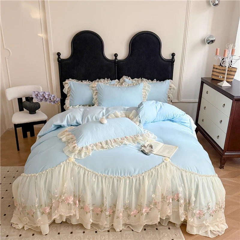 Coquette Dreamy Princess Lace Floral Embroidery Bedding Set
