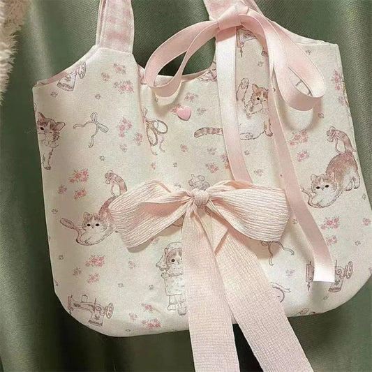 Charming Little Cat Print Canvas Tote Bag for Women