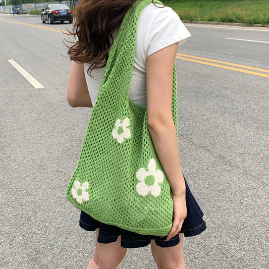 Sweet Flower Knitted Tote Bag