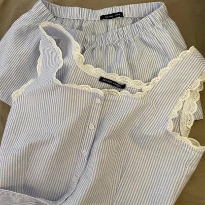 Striped Women’s Sleeveless Pajama Set with Lace Trim Summer Homewear