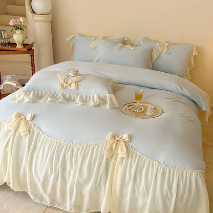 Coquette Blue Ruffle Lace Bow Bedding Set