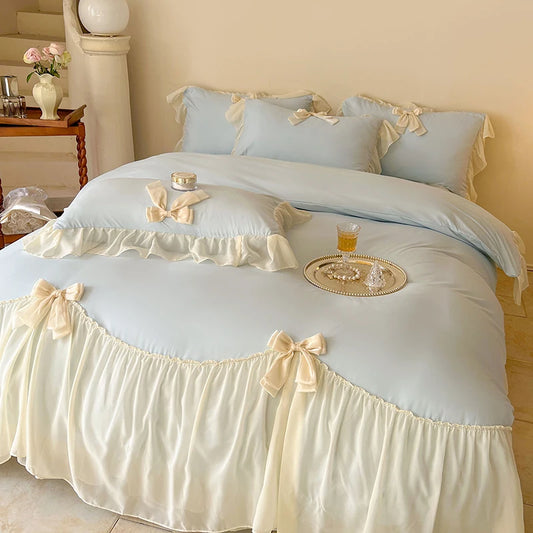 Coquette Blue Ruffle Lace Bow Bedding Set