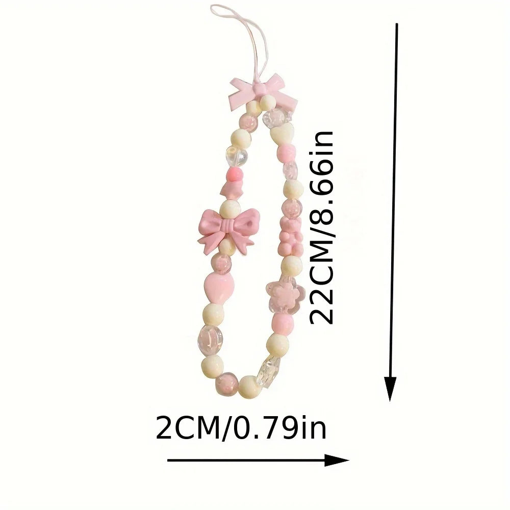 Coquette Pink Bowknot Beaded Phone Strap Set