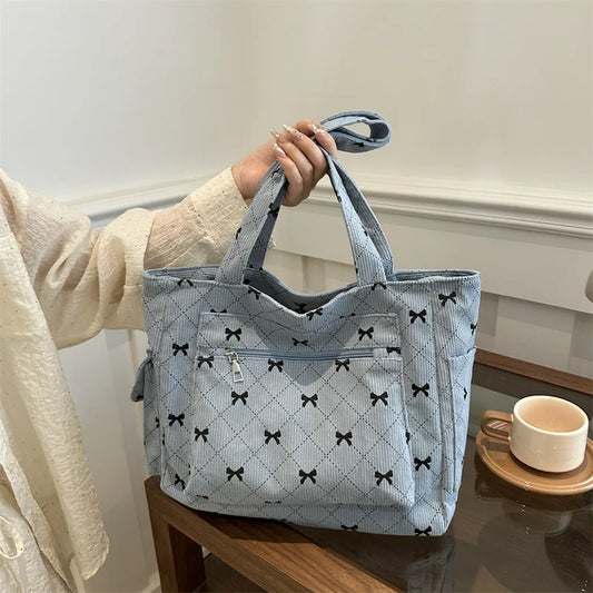 Bow Pattern Commuting Bag – Large Capacity Corduroy Handbag for Women