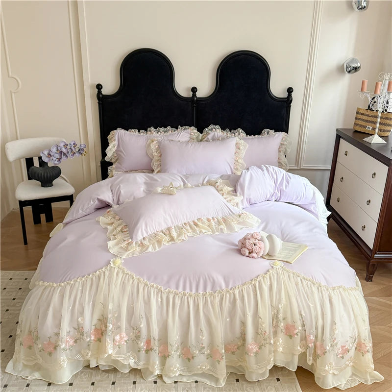 Coquette Dreamy Princess Lace Floral Embroidery Bedding Set