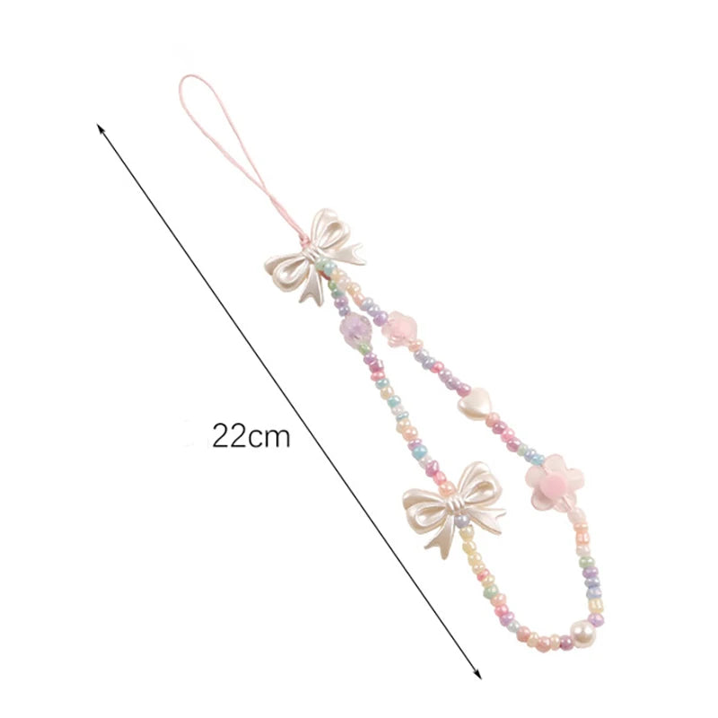 Coquette Cute Crystal Bowknot Pearl Beaded Phone Strap