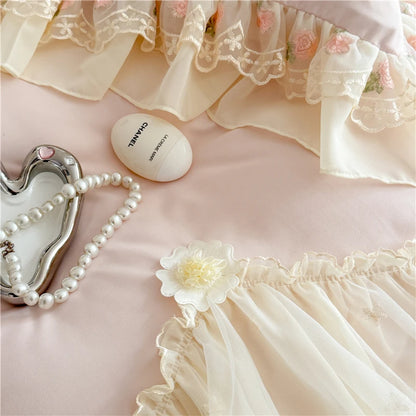 Coquette Dreamy Princess Lace Floral Embroidery Bedding Set