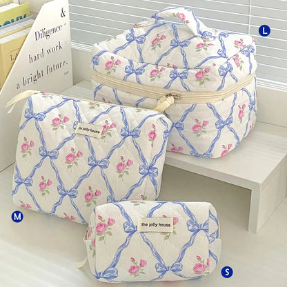 Cute Quilted Cotton Makeup Bag - Portable Zipper Cosmetic Organizer for Women and Girls
