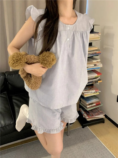 Soft Striped Sleeveless Pajama Set with Ruffle Sleeves