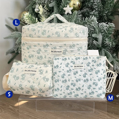 Cute Quilted Cotton Makeup Bag - Portable Zipper Cosmetic Organizer for Women and Girls