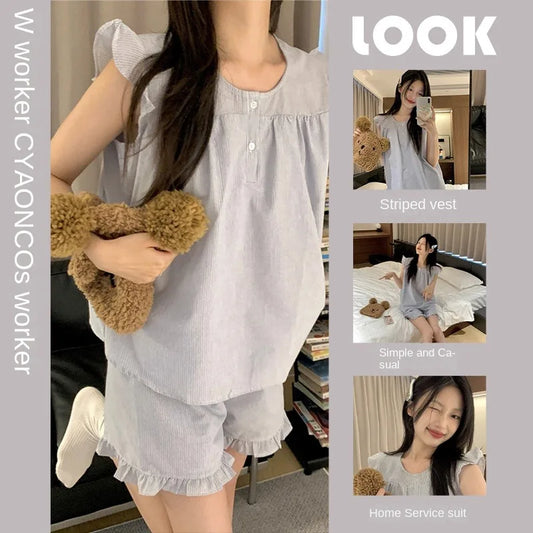 Soft Striped Sleeveless Pajama Set with Ruffle Sleeves