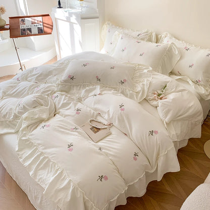 Coquette Twinkle Rose Embroidered Lace Bedding Set