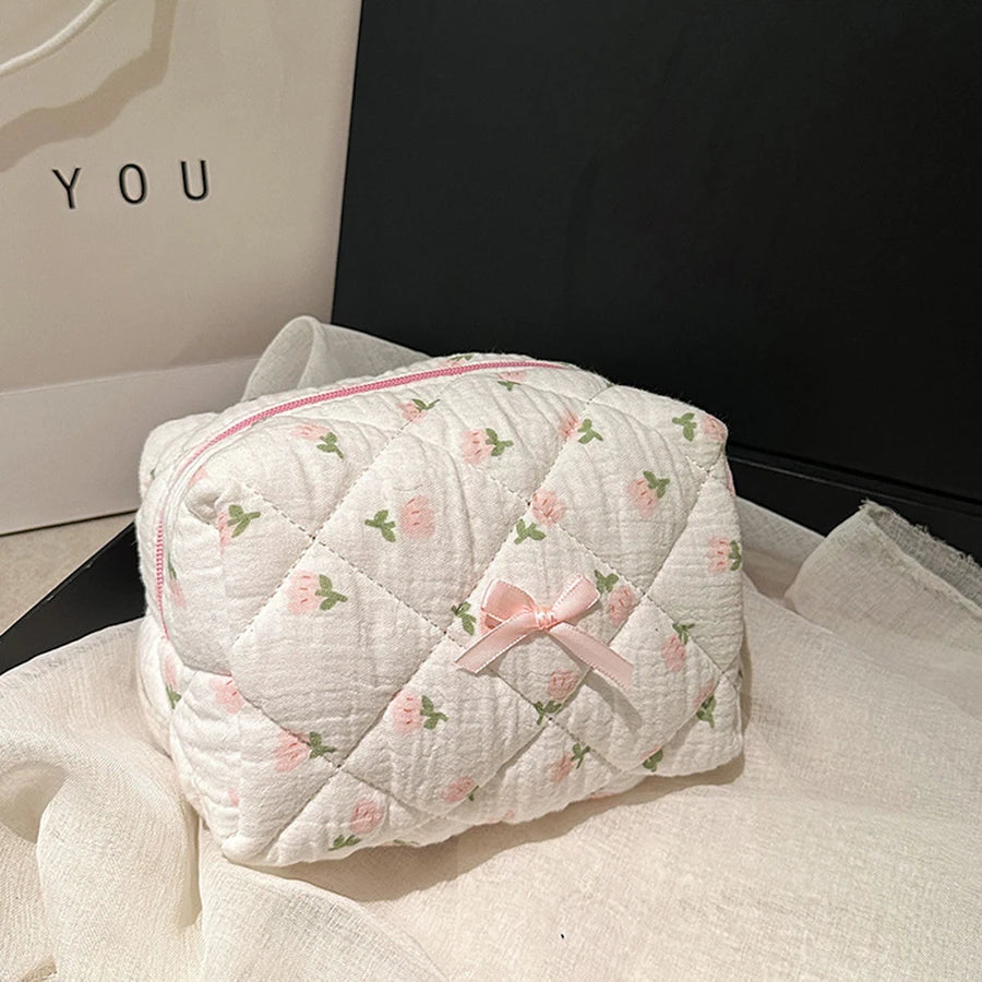 Quilted Cotton Cosmetic Bag with Floral Embroidery