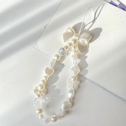 Coquette Sweet White Bow Beaded Phone Charm Lanyard