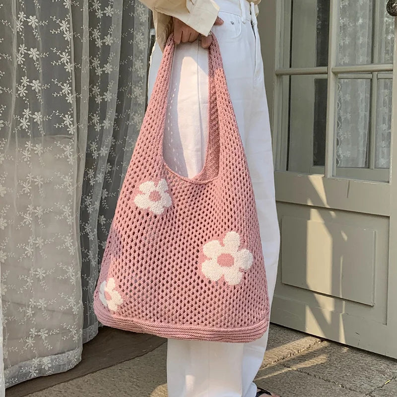 Sweet Flower Knitted Tote Bag