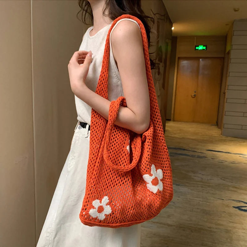 Sweet Flower Knitted Tote Bag