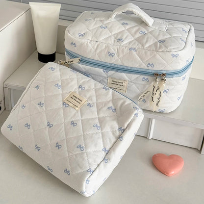 Fashion Blue Bow Quilted Women Cosmetic Bag