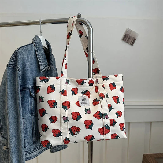 Cute Cherry Print Casual Tote Bag – Large Capacity Shopping Bag