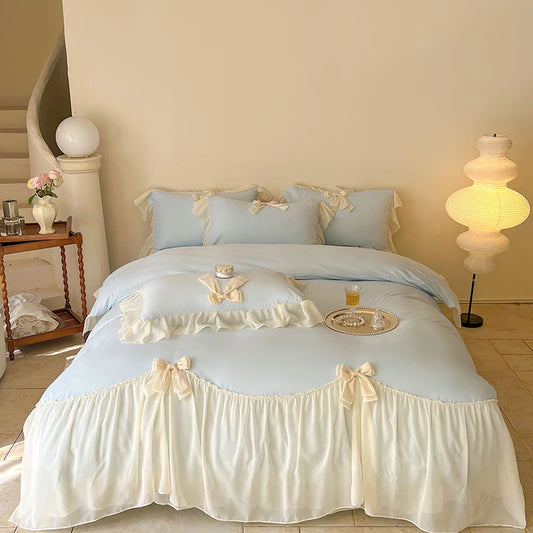 Coquette Blue Ruffle Lace Bow Bedding Set