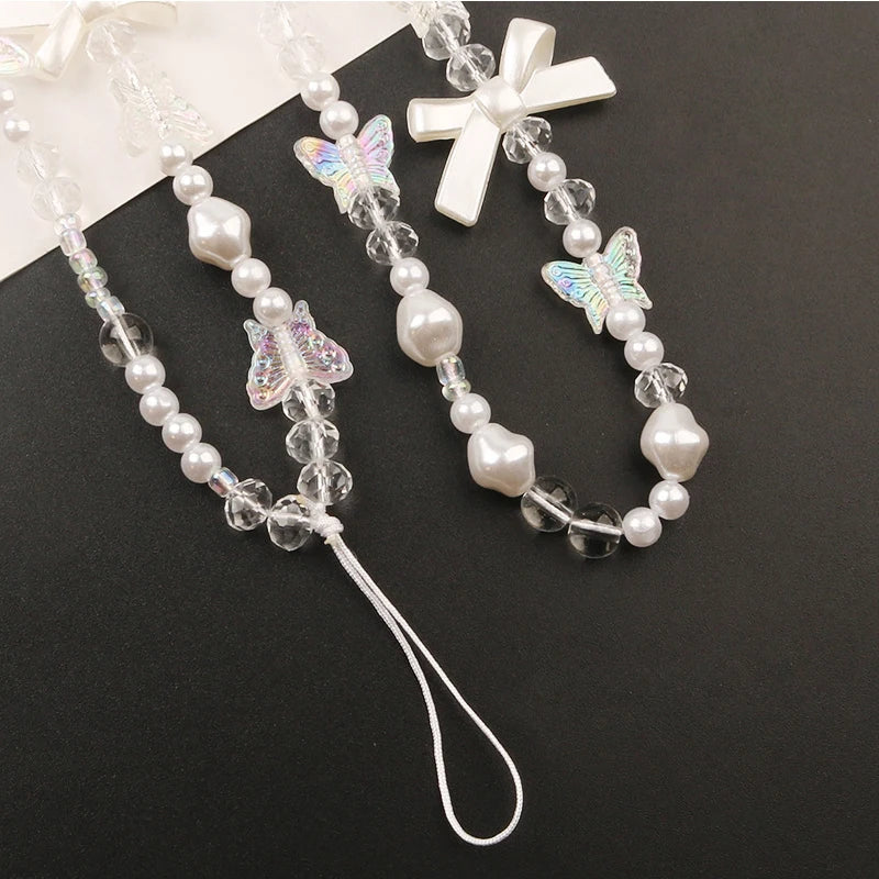 Coquette Cute Crystal Bowknot Pearl Beaded Phone Strap