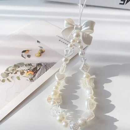 Coquette Sweet White Bow Beaded Phone Charm Lanyard