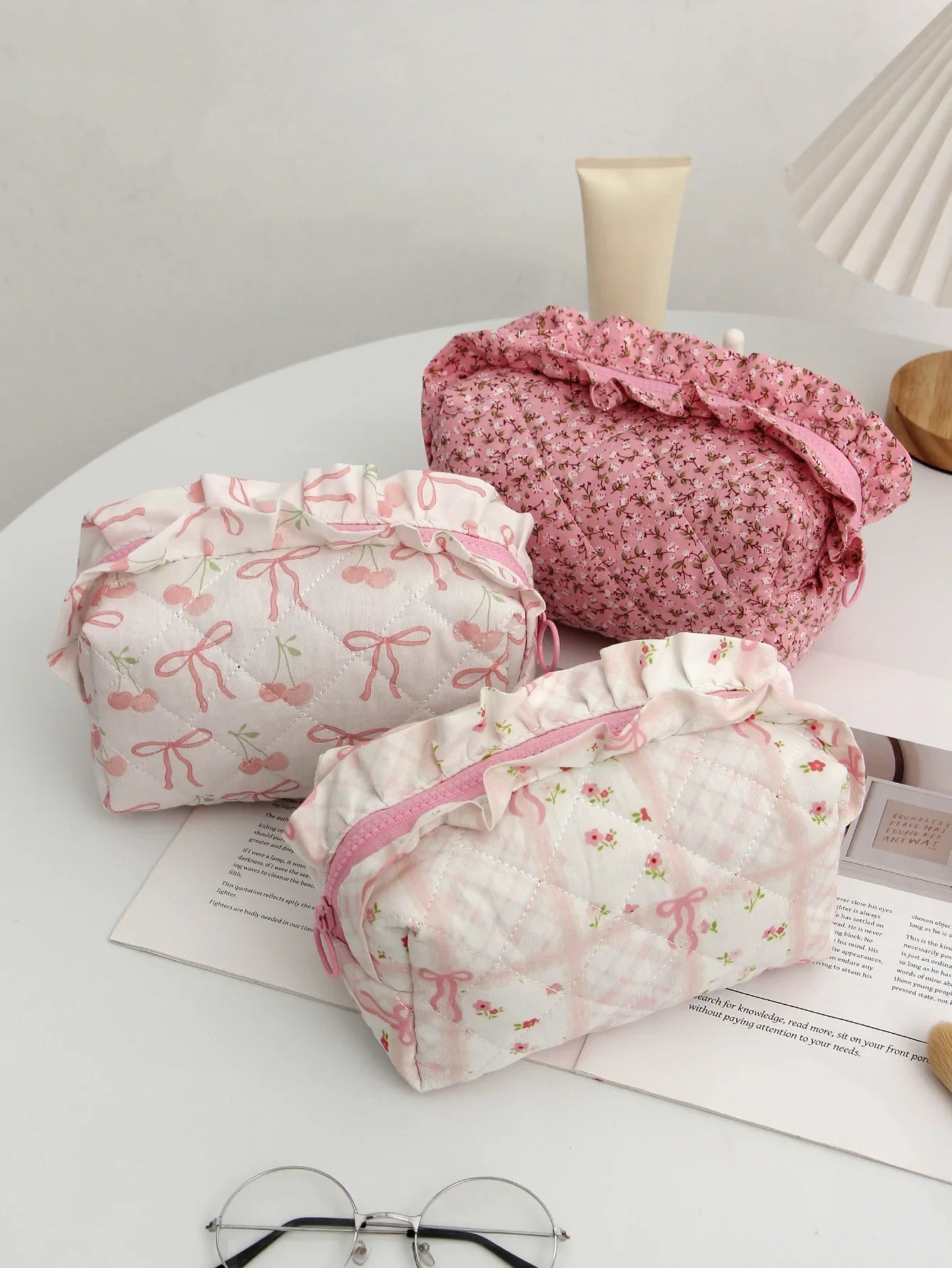Coquette Floral Quilted Makeup Pouch Set