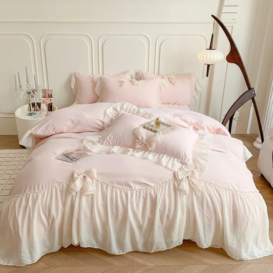 Coquette Aesthetic Princess Pink Ruffle Microfiber Bedding Set (4 Pieces)