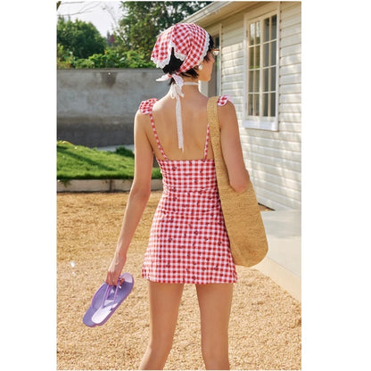 Sweet Plaid 3-Piece Swimsuit Set with Ruffle Trim