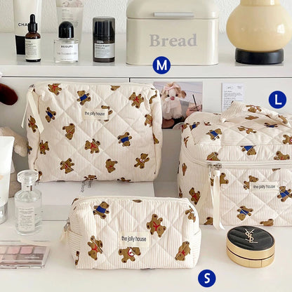 Cute Quilted Cotton Makeup Bag - Portable Zipper Cosmetic Organizer for Women and Girls