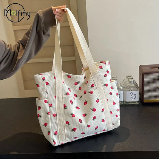 Sweet Strawberries Corduroy Handbag – Fashionable Women's Tote