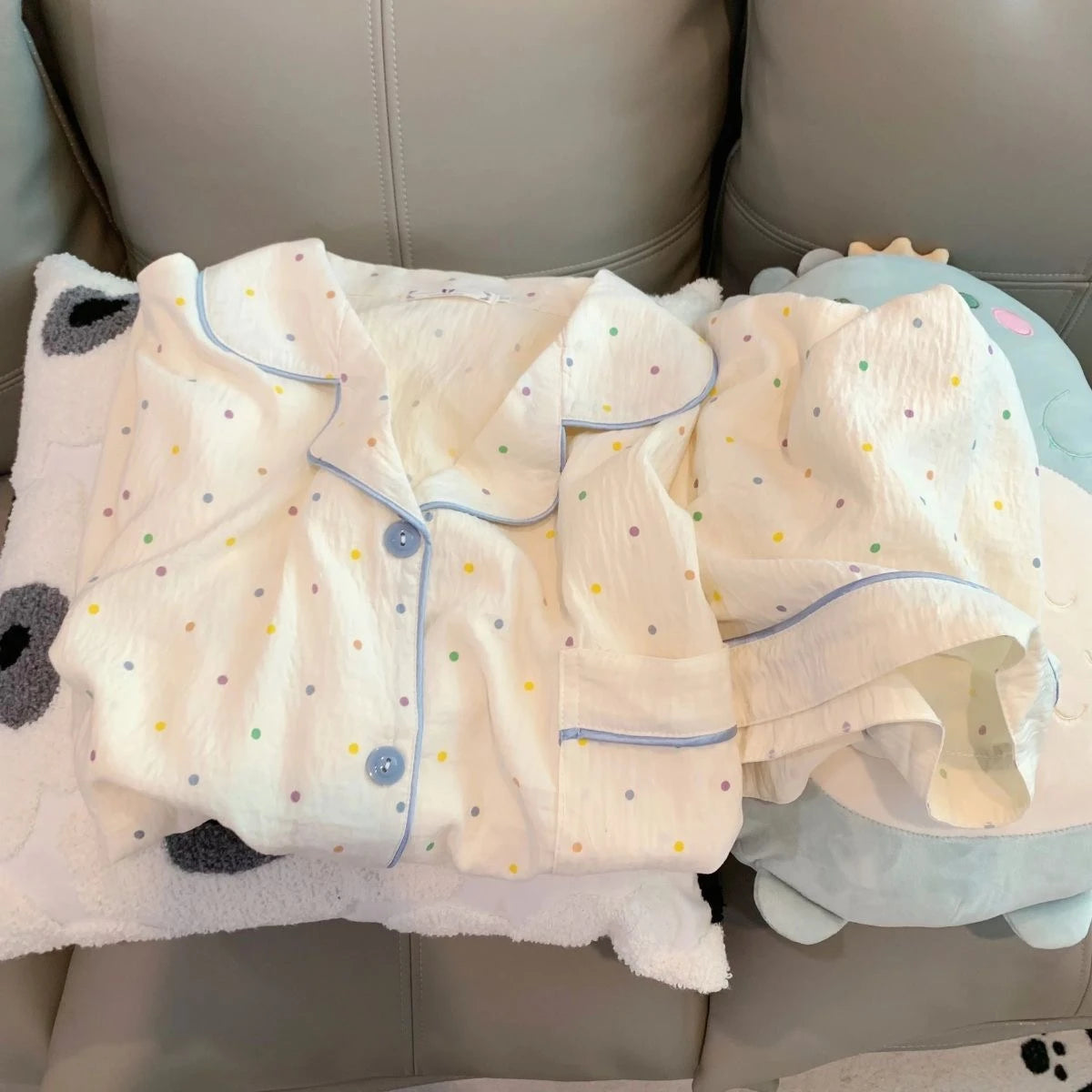 Cute Polka Dot Pajama Set with Blue Trim